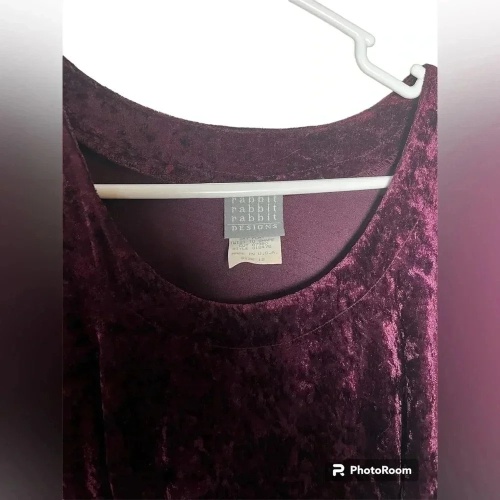 90s Rabbit Rabbit Rabbit Burgundy Velvet;Crinkle Texture Dress with Empire Waist - Picture 3 of 4